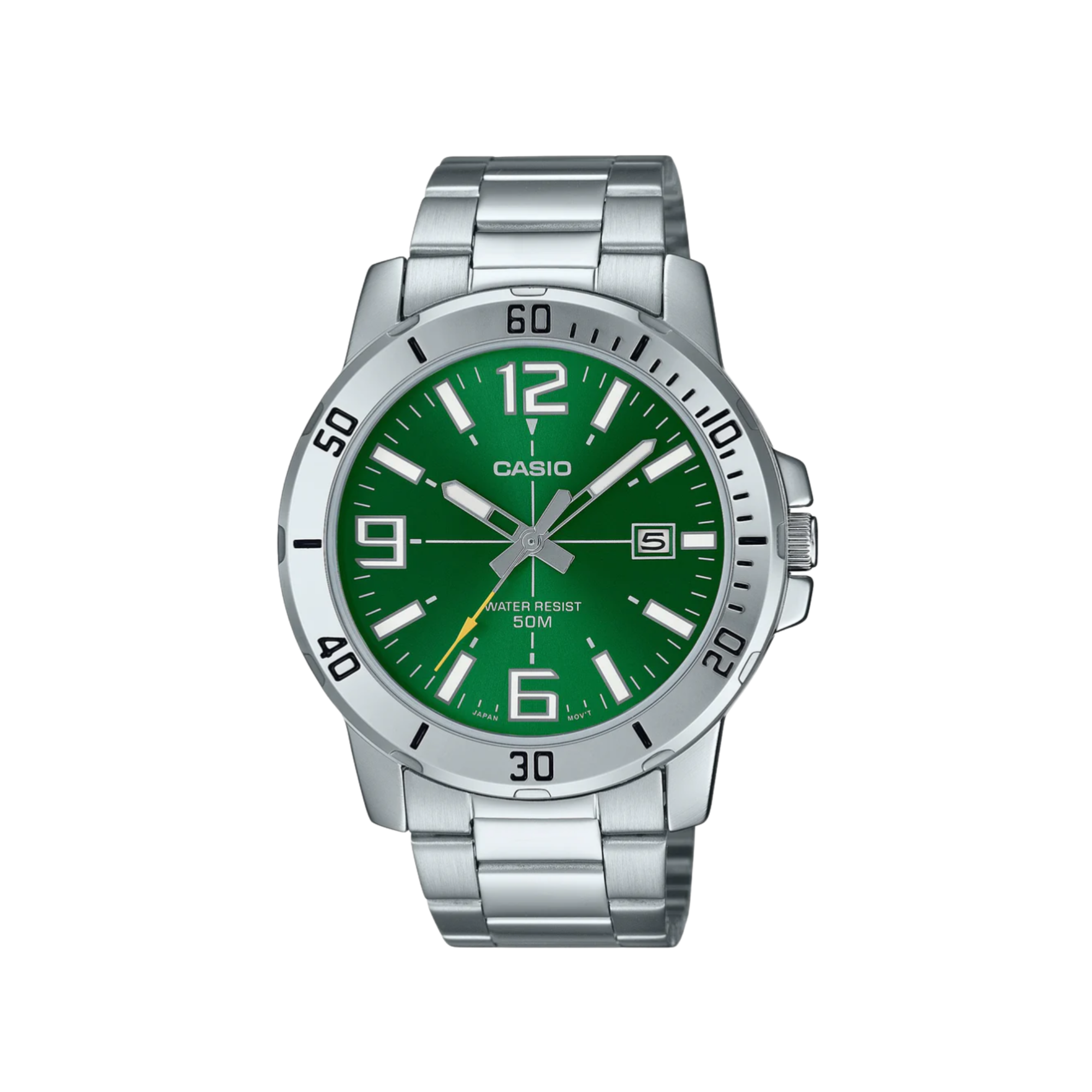 Men's Casio MTPVD01D-3B Green Face Steel Band Watch