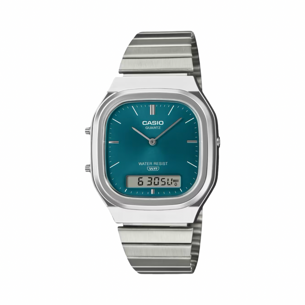 Men's Casio AQ240E-3A Vintage Square Green Dial Steel Band Watch