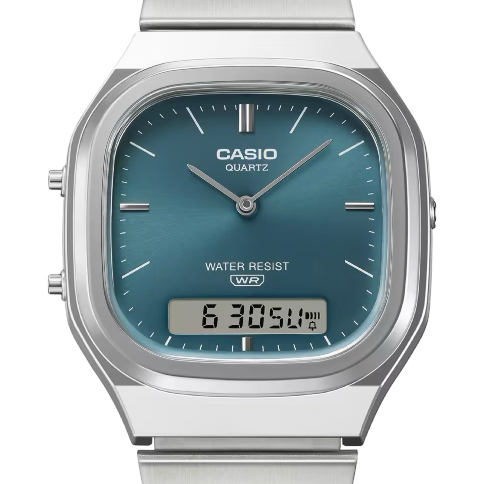 Men's Casio AQ240E-3A Vintage Square Green Dial Steel Band Watch