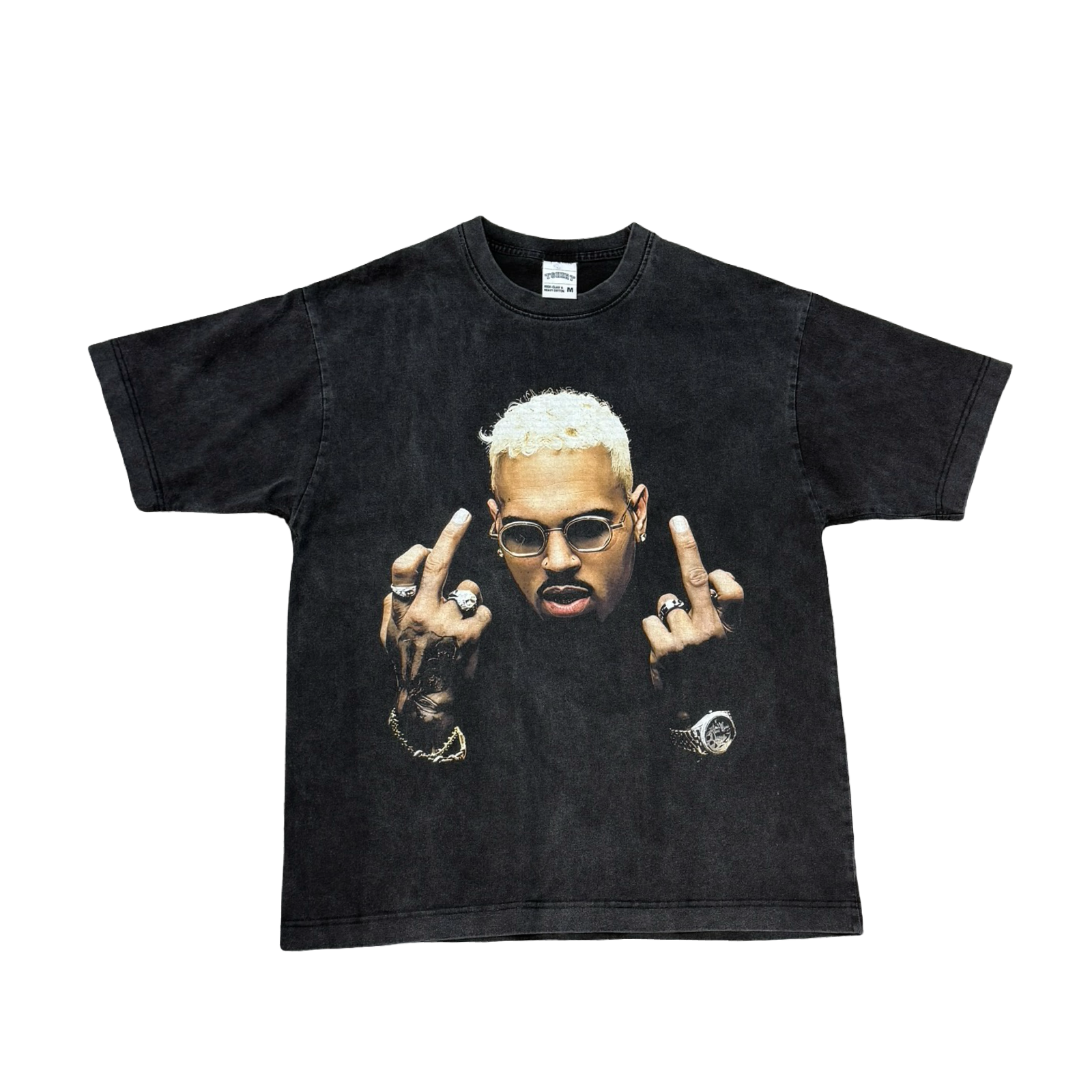 Breezy Washed Black Middle Finger Hand Graphic Fan T-Shirt