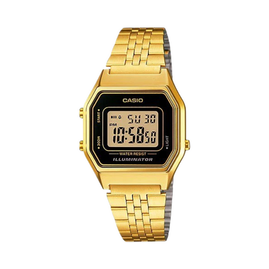 Ladies Casio Digital Stainless Steel Gold Band Black Face