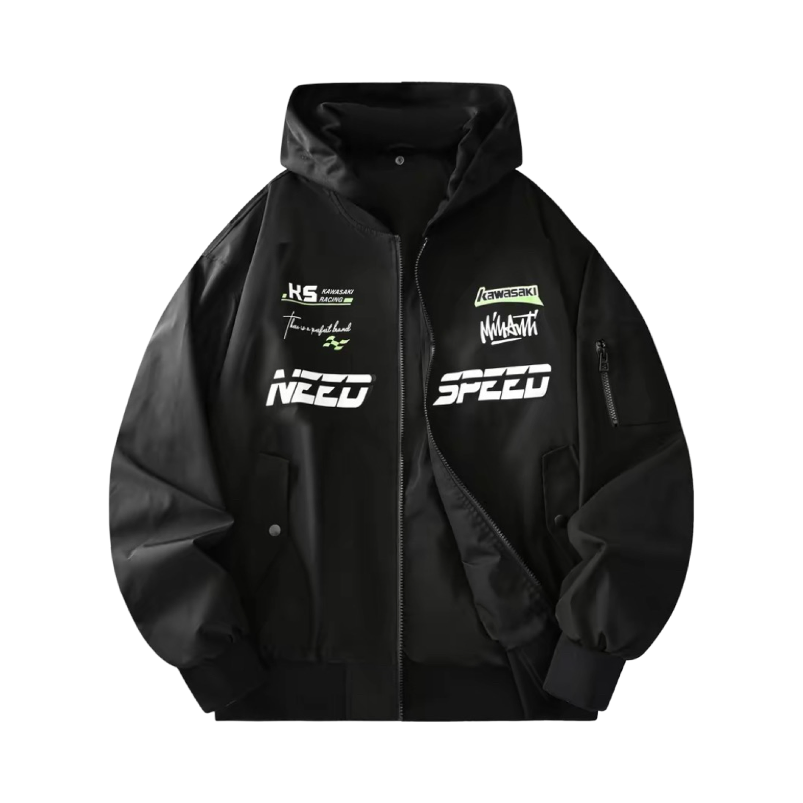 Kawasaki Need Speed Black White Neon Hooded Utility Windbreaker