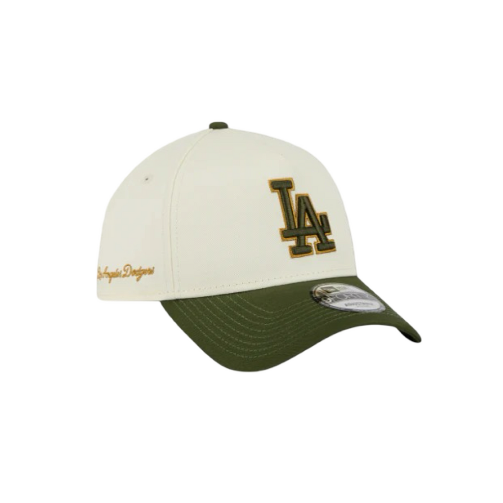 New Era 9Forty A-Frame Metallic Script Los Angeles Dodgers White Gold Green Snapback Cap