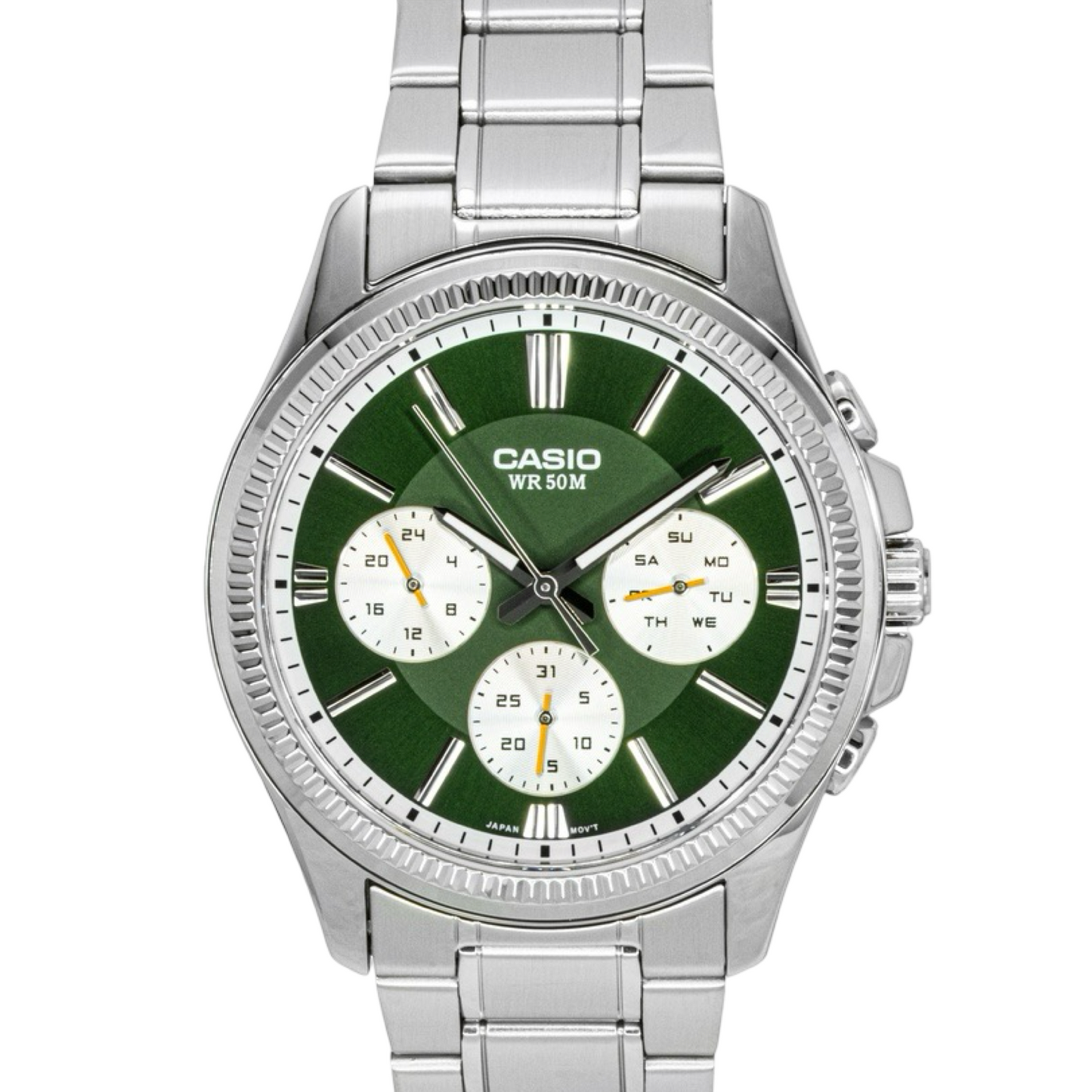 Men's Casio MTP1375D-3A Silver Green Face Steel Band Watch