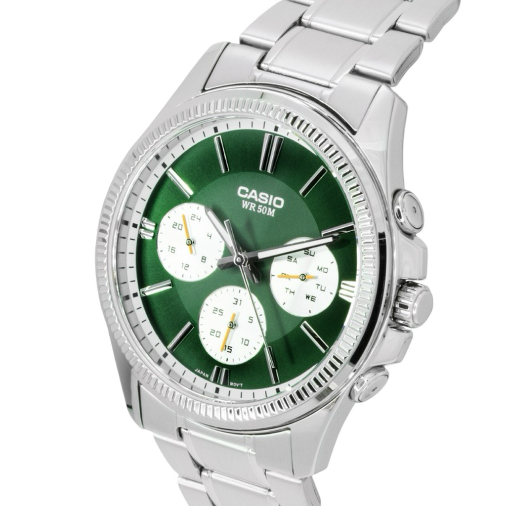 Men's Casio MTP1375D-3A Silver Green Face Steel Band Watch