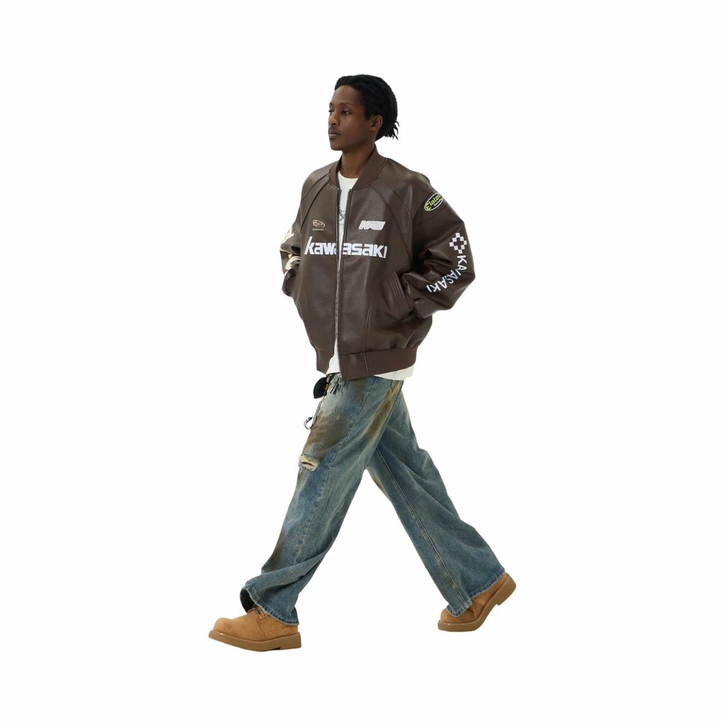 Kawasaki Impactful Biker Jacket Brown White