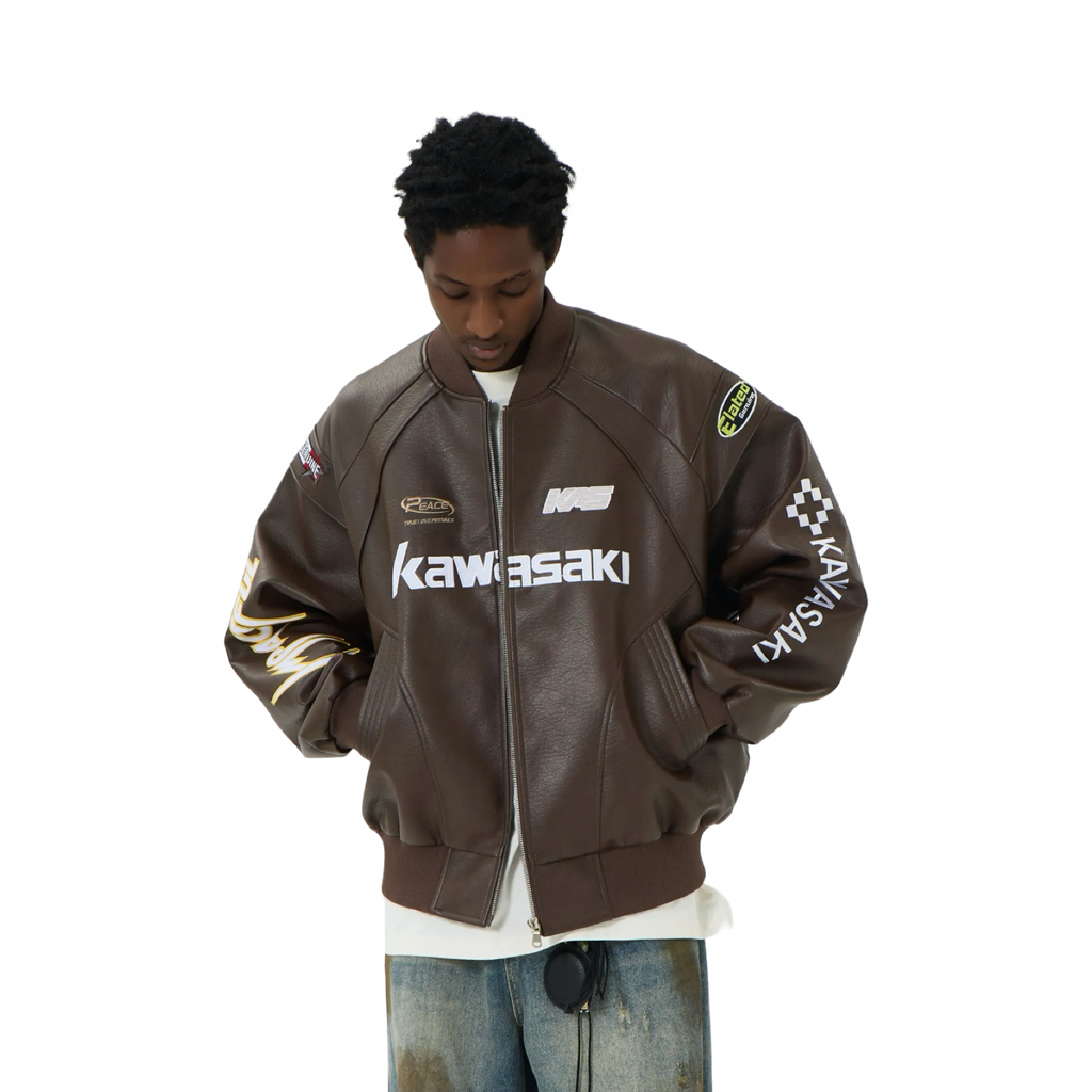 Kawasaki Impactful Biker Jacket Brown White