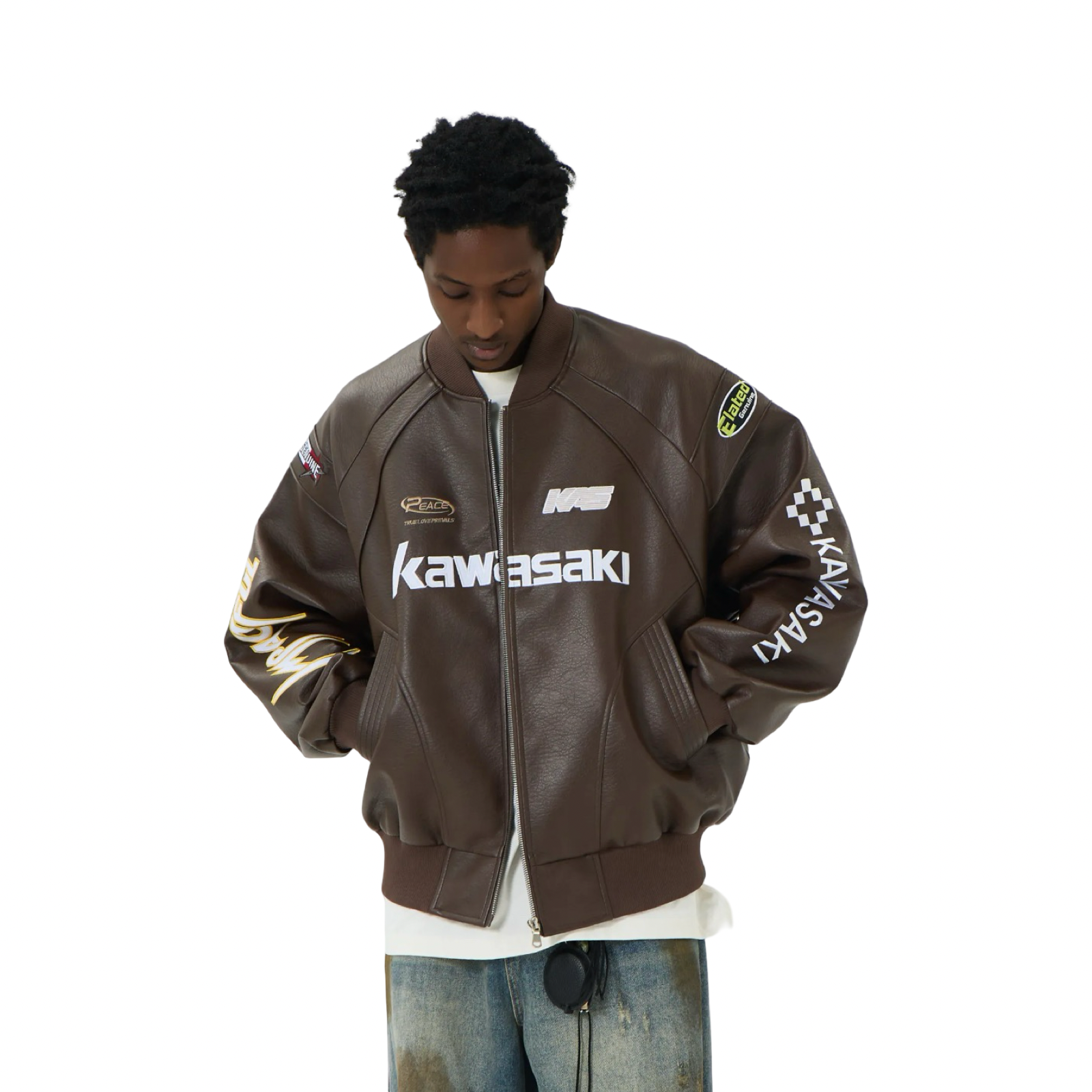Kawasaki Impactful Biker Jacket Brown White