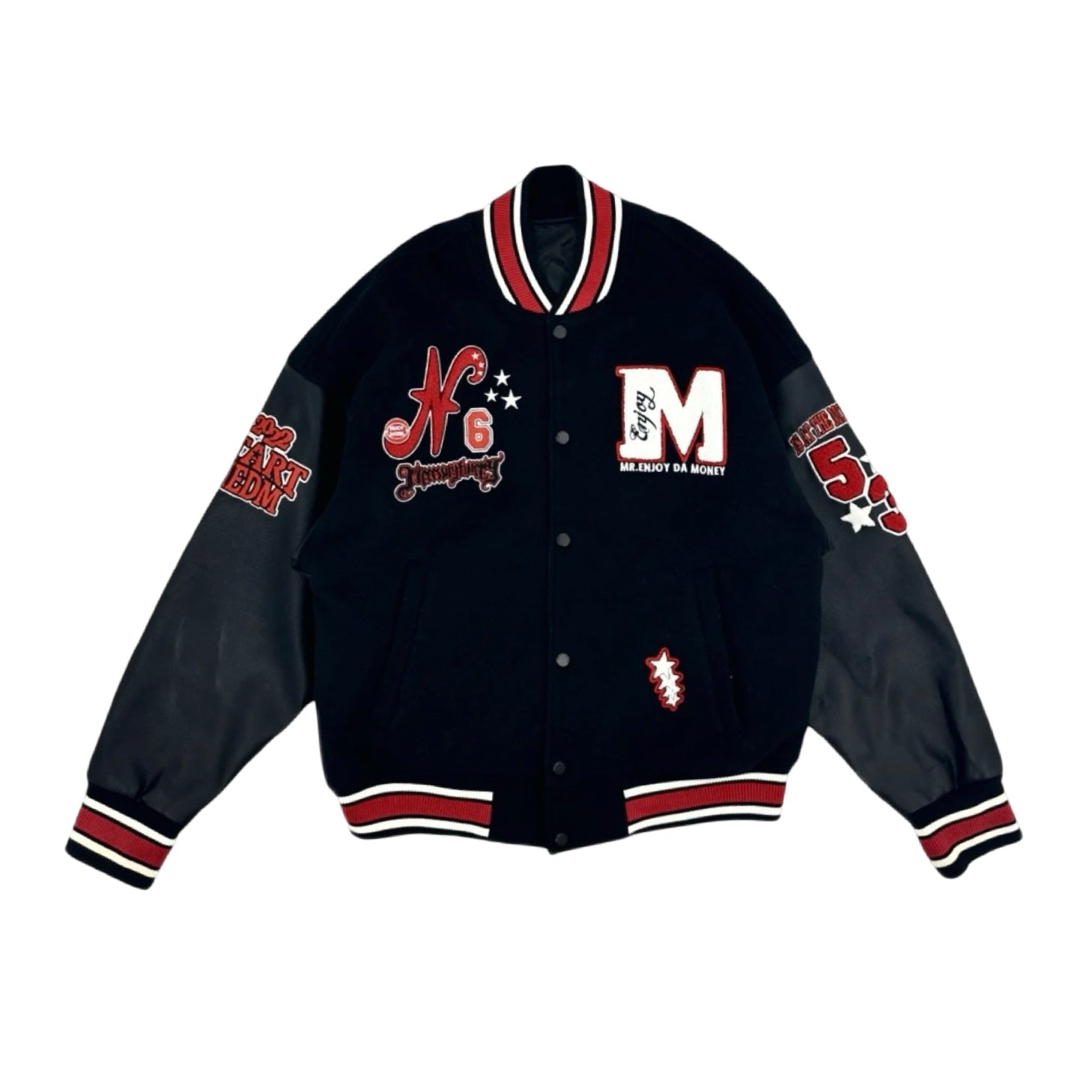 Mr Enjoy Da Money Varsity Jacket Black White Red