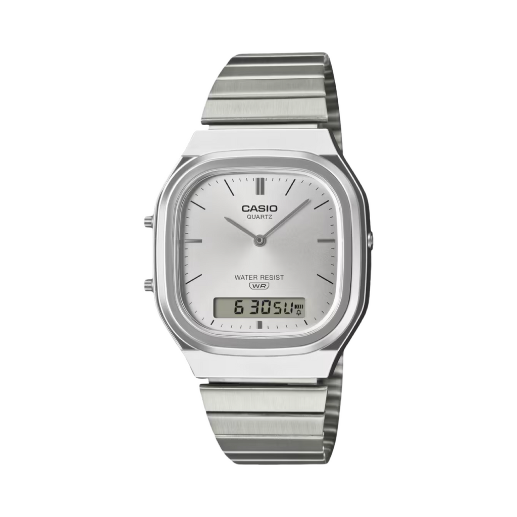 Men's Casio AQ240E-7A Vintage Square White Dial Steel Band Watch