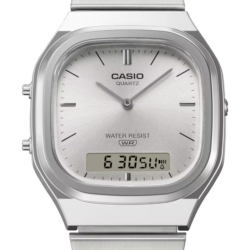 Men's Casio AQ240E-7A Vintage Square White Dial Steel Band Watch