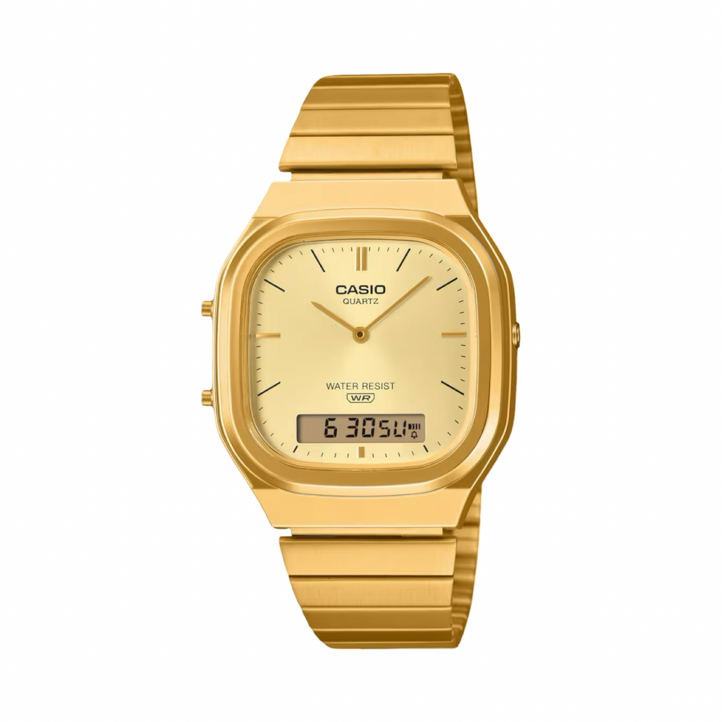 Men's Casio AQ240EG-9ADF Vintage Square Gold Dial Steel Band Watch