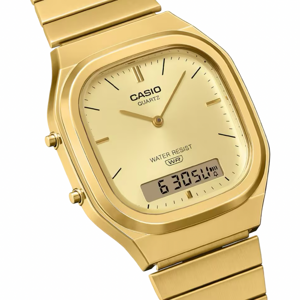 Men's Casio AQ240EG-9ADF Vintage Square Gold Dial Steel Band Watch