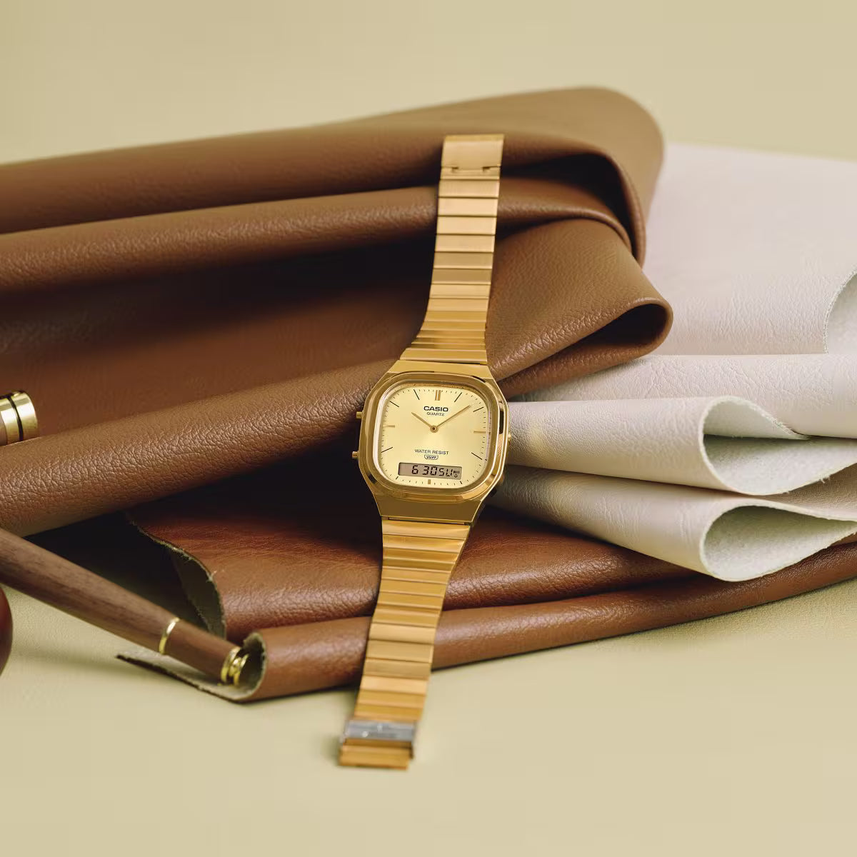 Men's Casio AQ240EG-9ADF Vintage Square Gold Dial Steel Band Watch