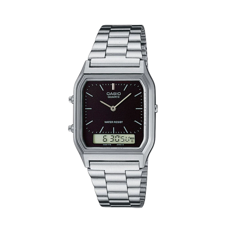 Men's Casio Quartz Duo Trendy Dual Time Watch AQ230A-1D Silver Black