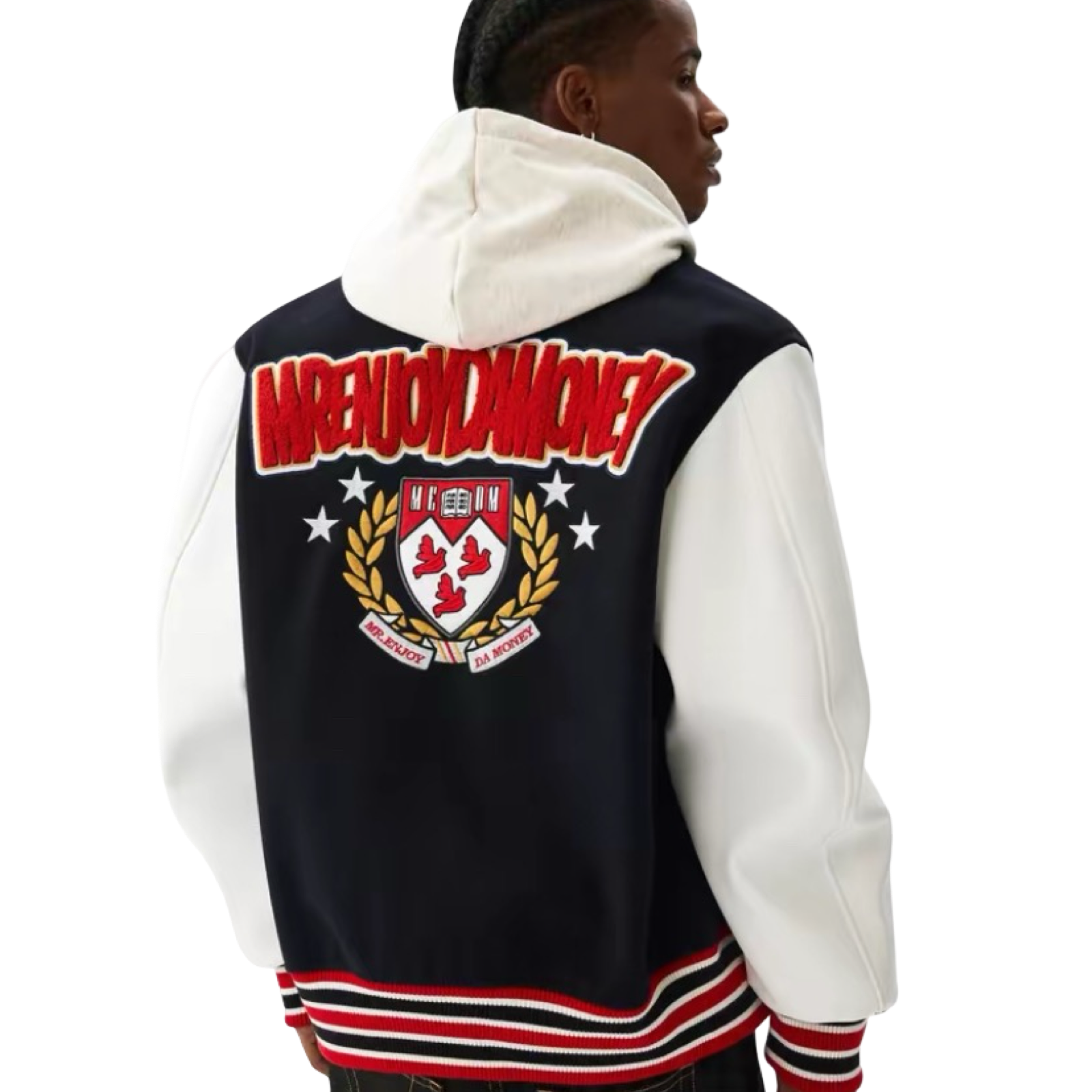 Mr Enjoy Da Money Varsity Jacket Navy White Red