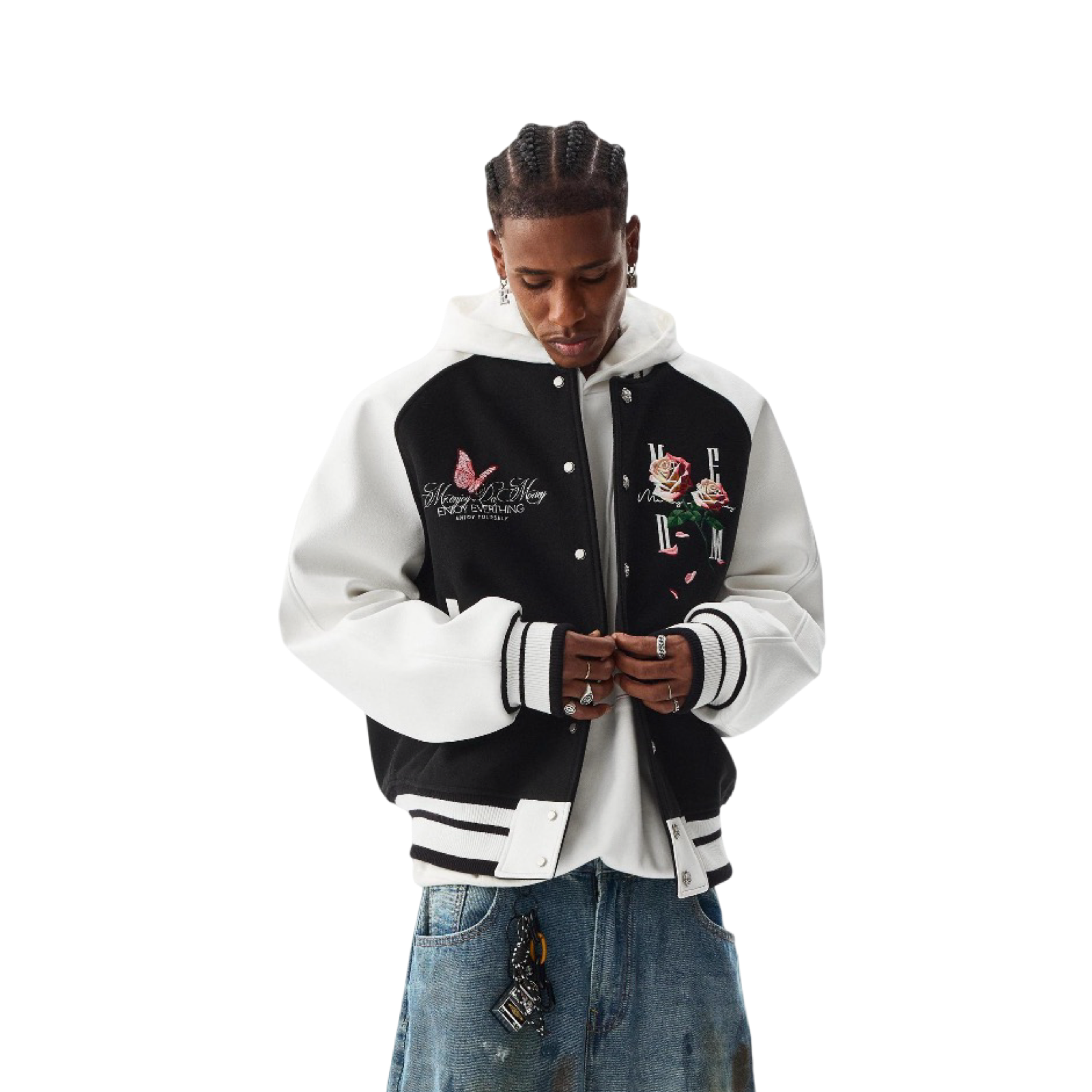 Mr Enjoy Da Money Floral Varsity Jacket Black White