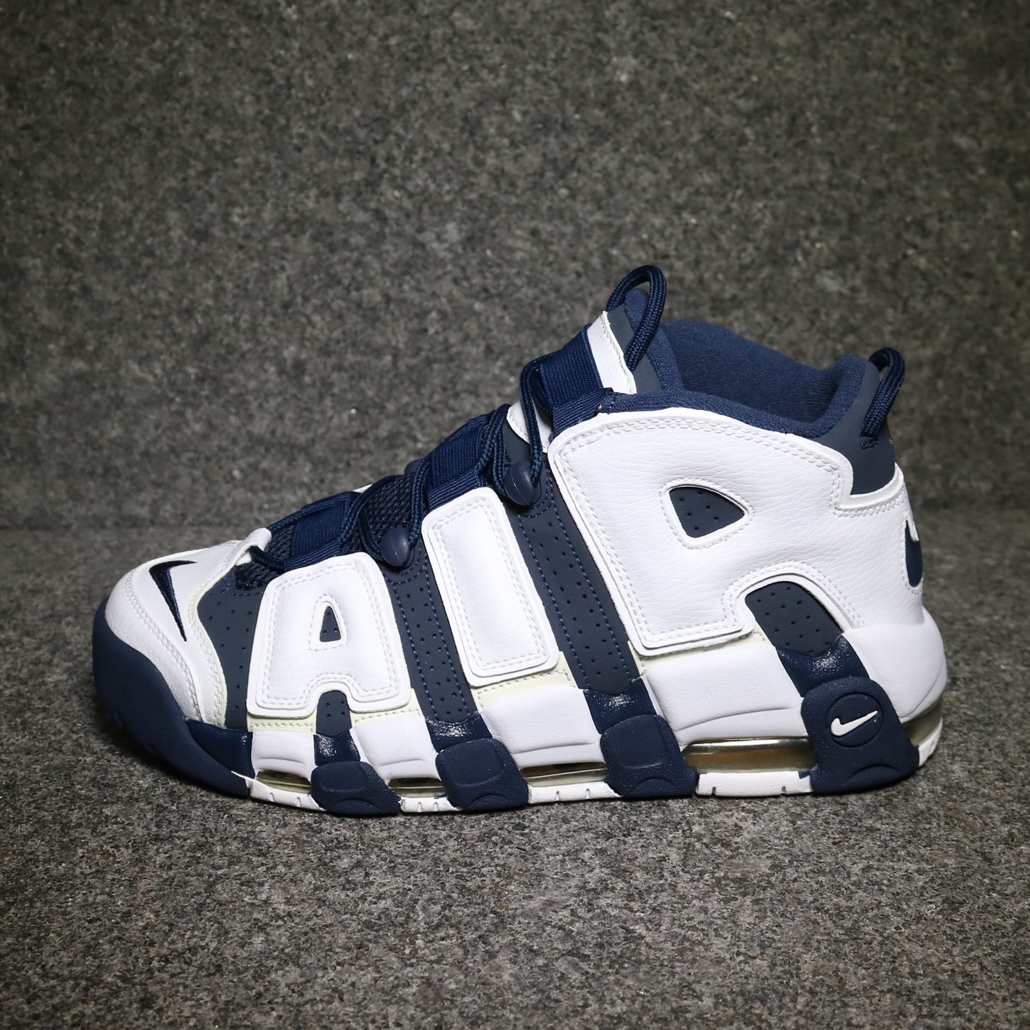 Air More Uptempo "Olympic" White Mid Navy Metallic Gold University Red