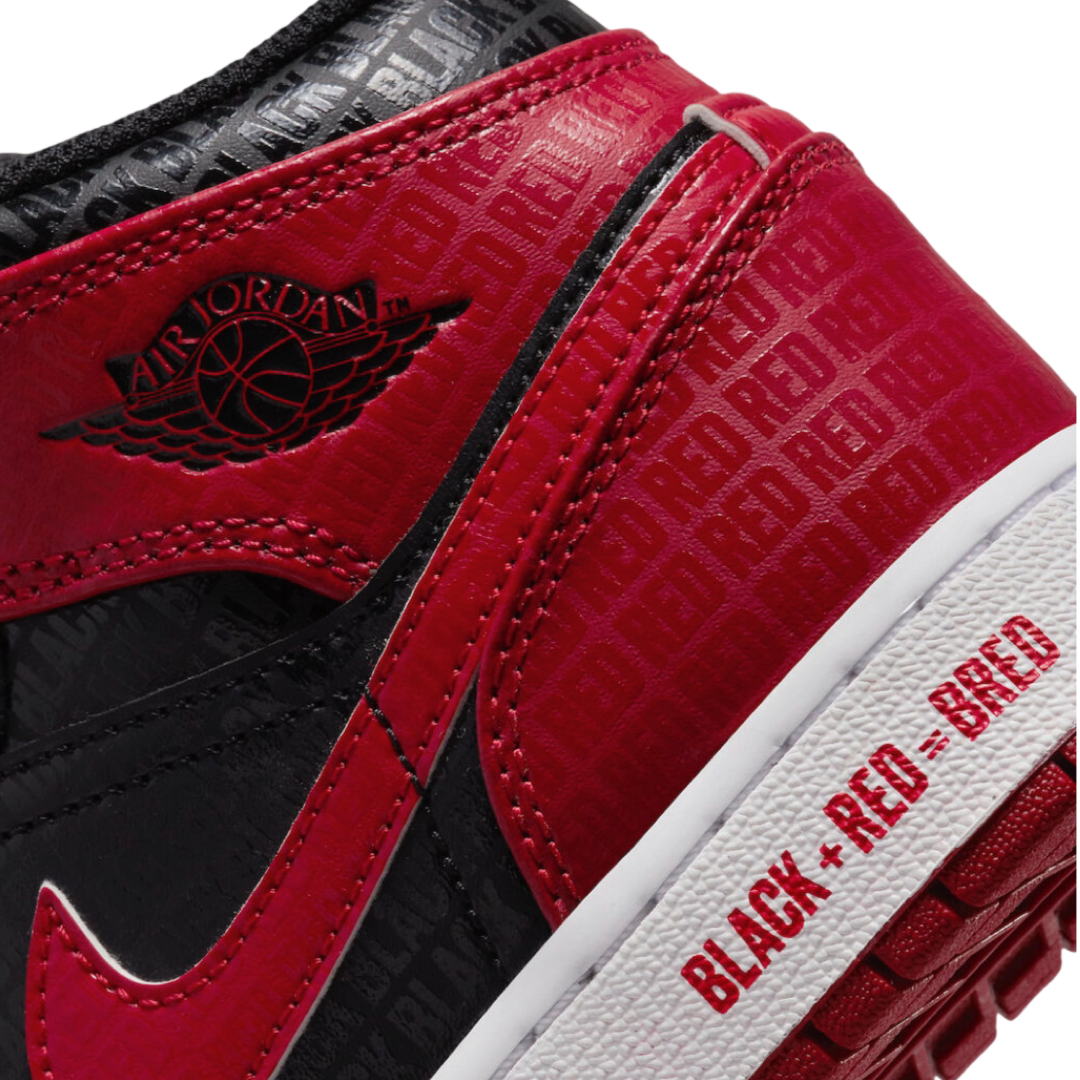 Air Jordan 1 Mid GS BRED Text Black Gym Red White