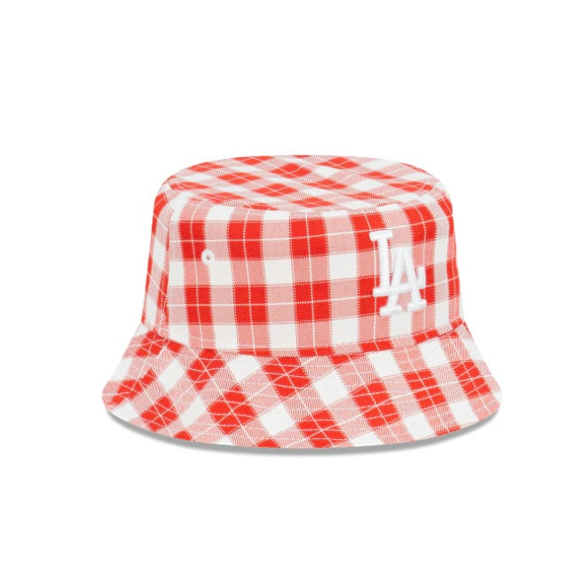 New Era LA Dodgers Plaid Scarlett Red White Bucket Hat