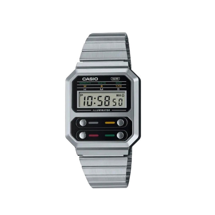 Casio Digital Watch Vintage Silver Black Band A100WE-1ADF
