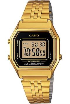 Ladies Casio Digital Stainless Steel Gold Band Black Face
