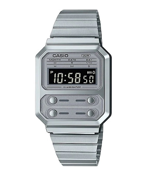 Casio Digital Watch Vintage Silver Metal Band A100WE-7B
